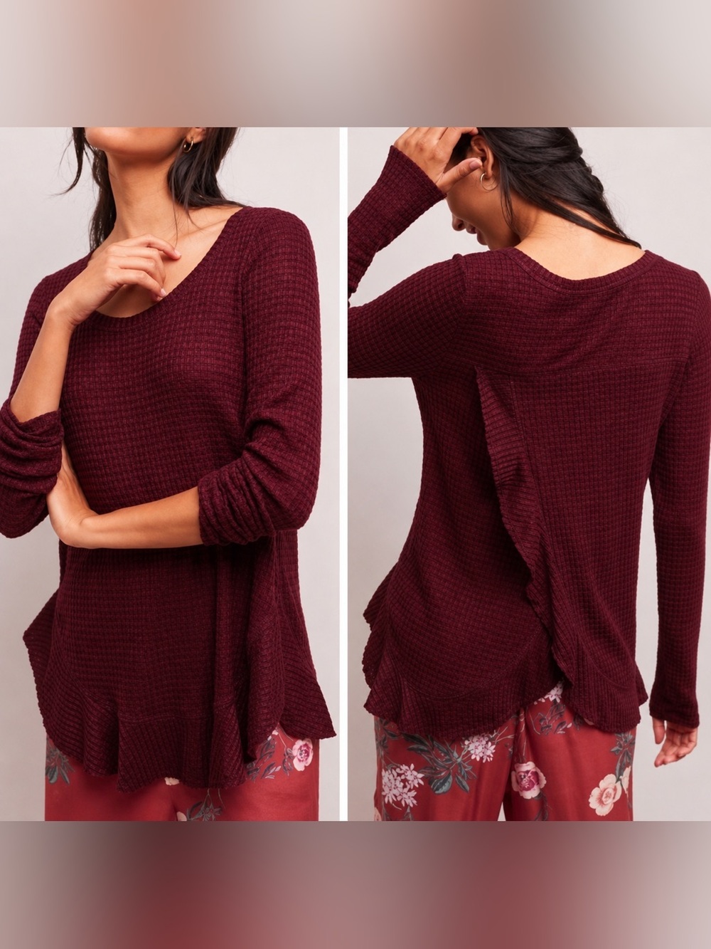 Saturday Sunday waffle knit ruffle hem top, medium